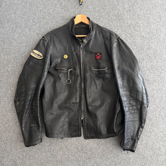 60s Brooks Cafe Racer Vintage Leather Motorcycle Triumph Jacket Large 44 - Picture 1 of 8